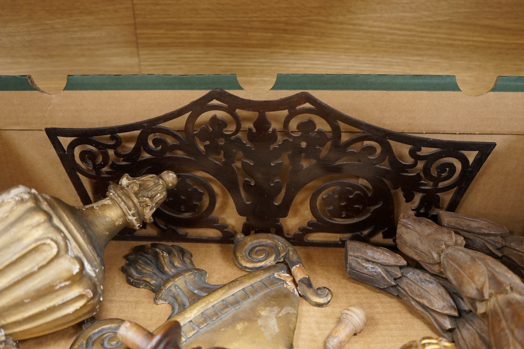 A collection of giltwood and wood ornamental carvings, etc.